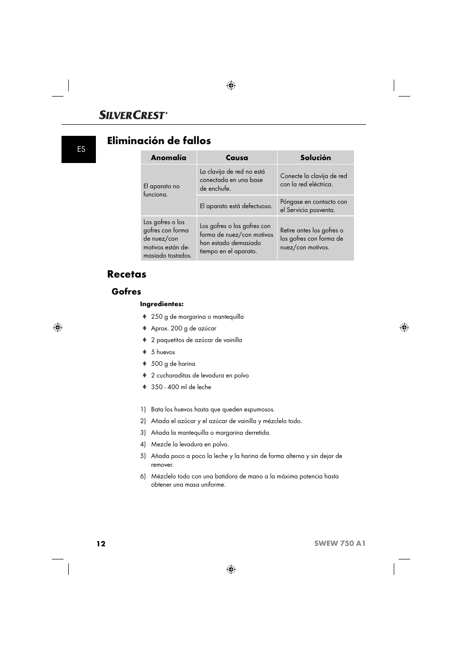Eliminación de fallos, Recetas, Gofres | Silvercrest SWEW 750 A1 User Manual | Page 15 / 85