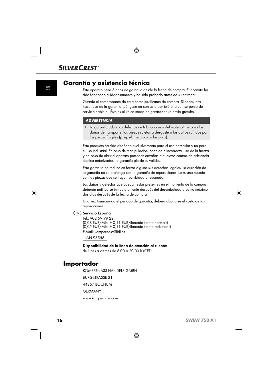 Garantía y asistencia técnica, Importador | Silvercrest SWEW 750 A1 User Manual | Page 19 / 85