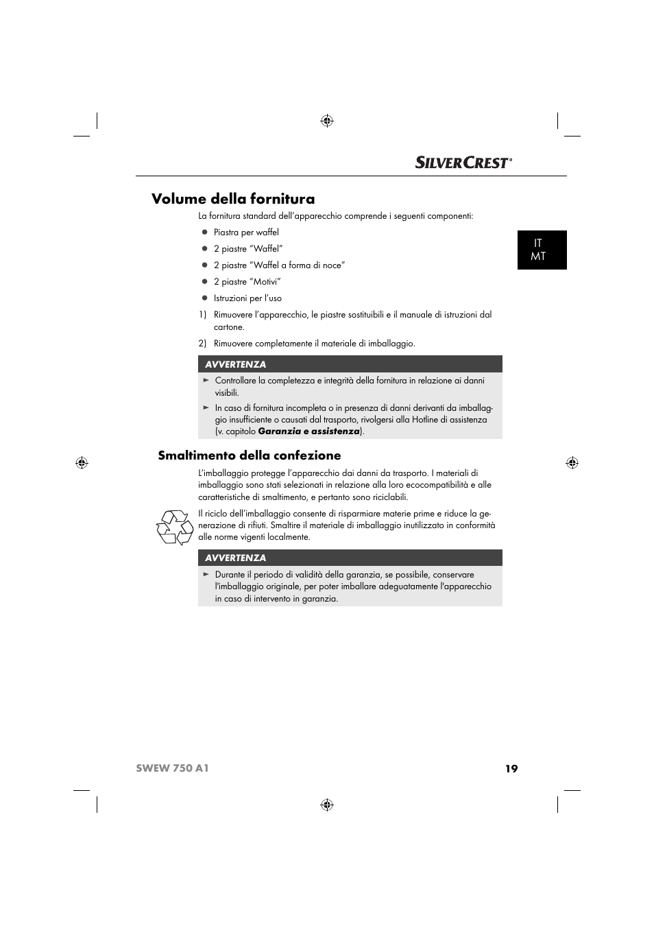 Volume della fornitura, Smaltimento della confezione, It mt | Silvercrest SWEW 750 A1 User Manual | Page 22 / 85