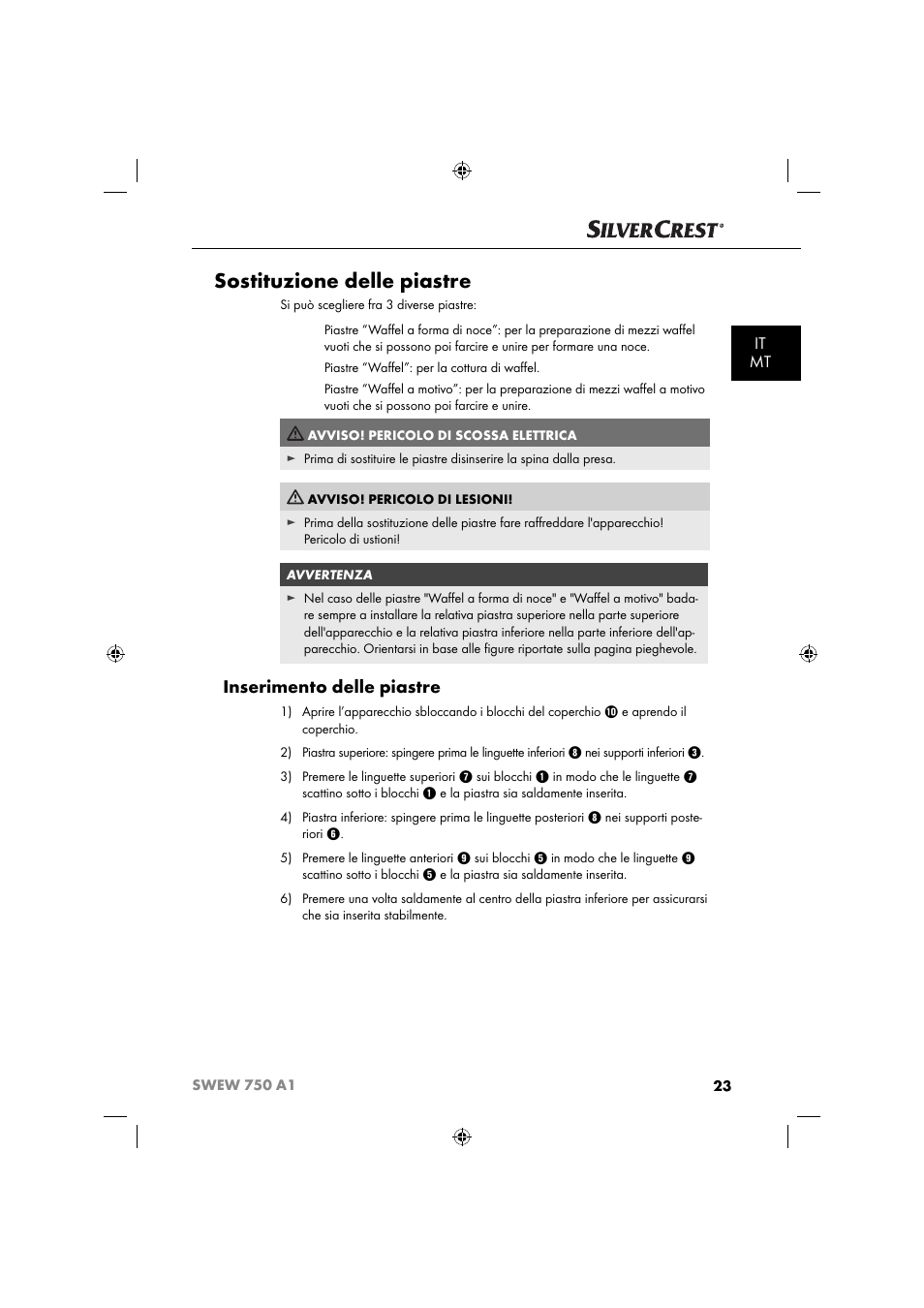 Sostituzione delle piastre, Inserimento delle piastre, It mt | Silvercrest SWEW 750 A1 User Manual | Page 26 / 85