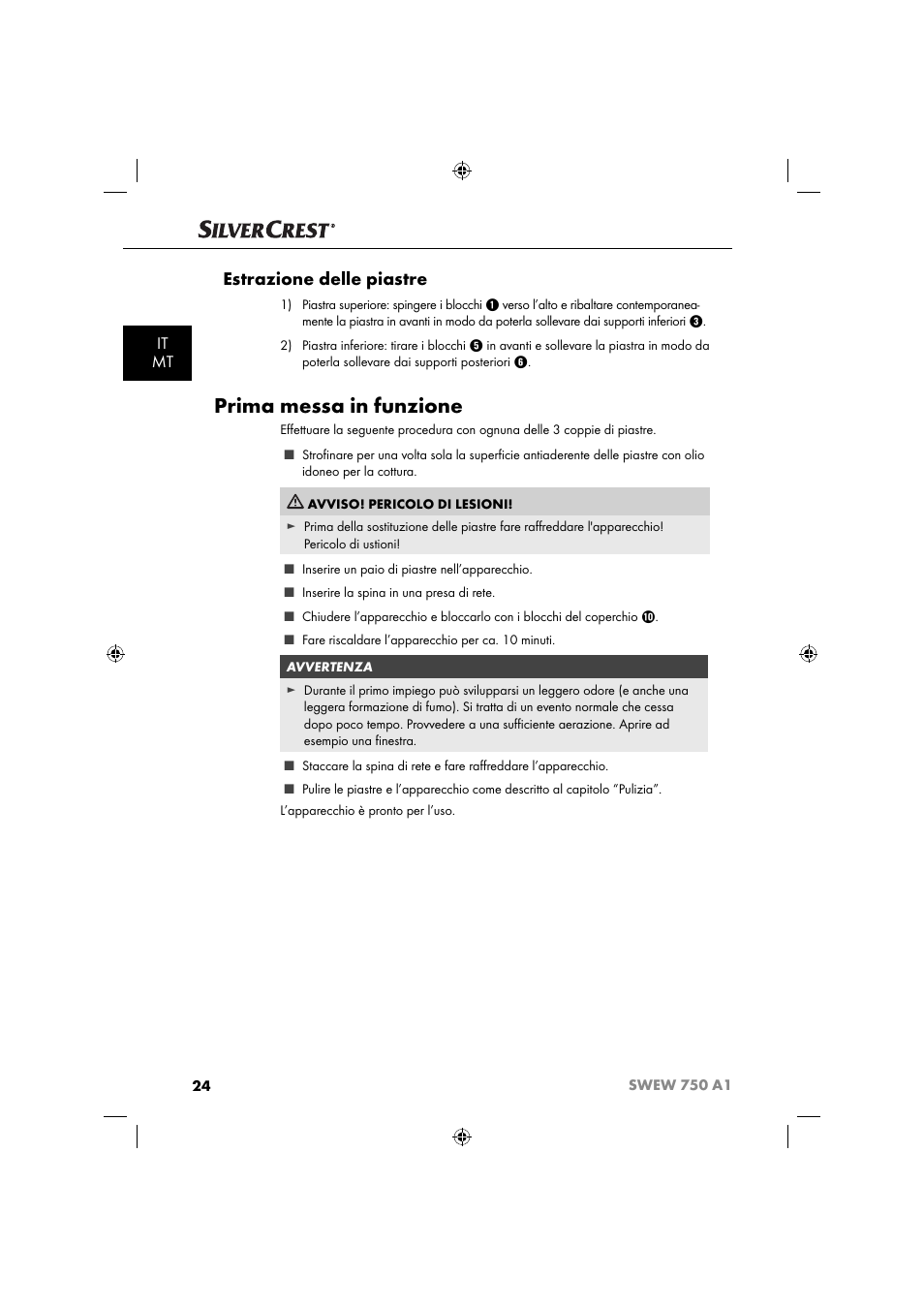 Prima messa in funzione, Estrazione delle piastre, It mt | Silvercrest SWEW 750 A1 User Manual | Page 27 / 85