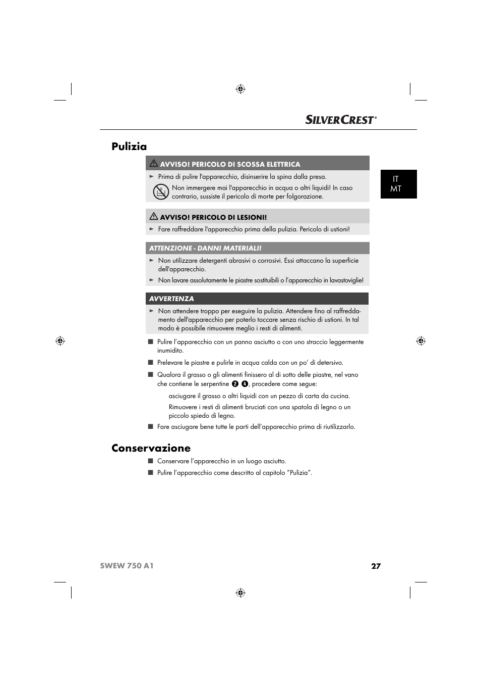 Pulizia, Conservazione, It mt | Silvercrest SWEW 750 A1 User Manual | Page 30 / 85