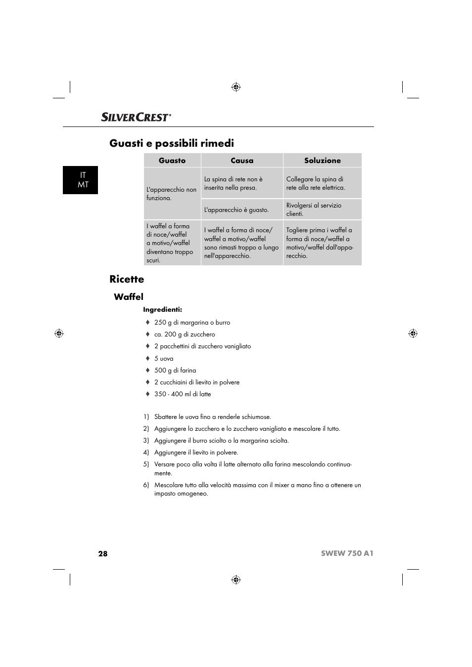 Guasti e possibili rimedi, Ricette, Waﬀ el | It mt | Silvercrest SWEW 750 A1 User Manual | Page 31 / 85