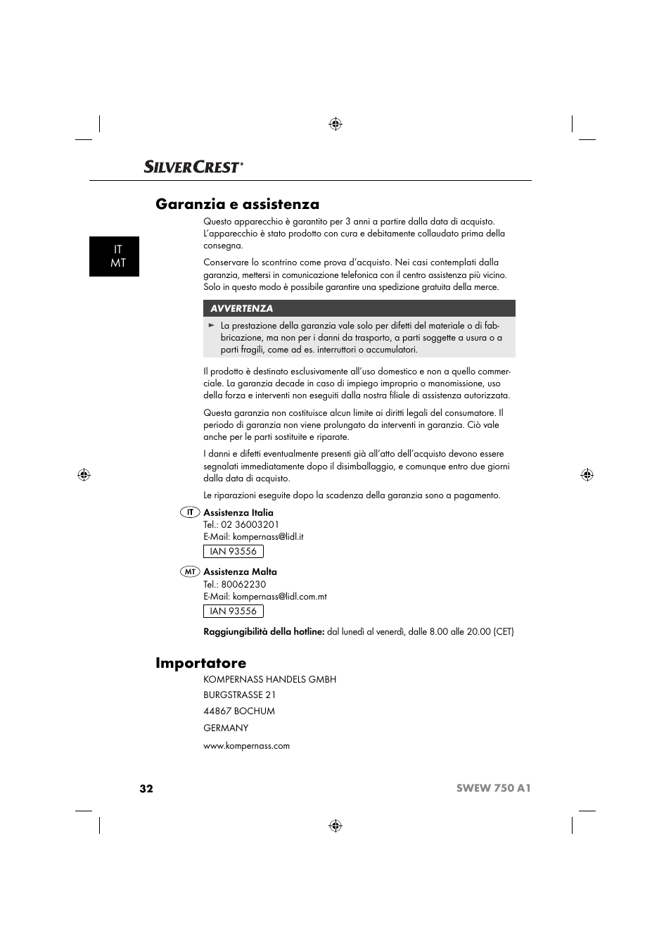 Garanzia e assistenza, Importatore, It mt | Silvercrest SWEW 750 A1 User Manual | Page 35 / 85