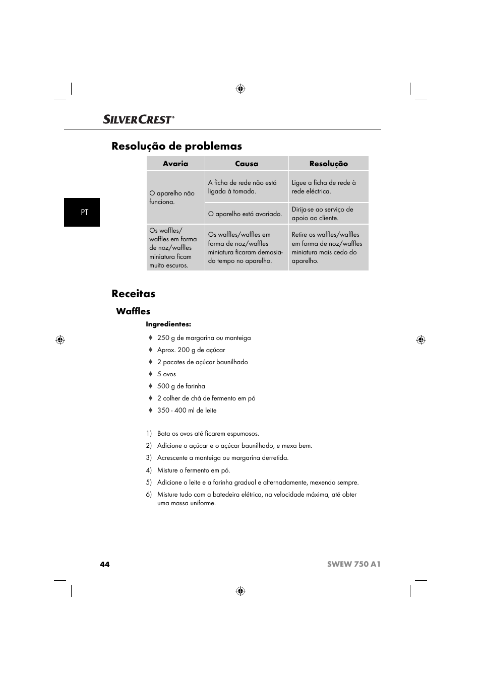 Resolução de problemas, Receitas, Waﬄ es | Silvercrest SWEW 750 A1 User Manual | Page 47 / 85