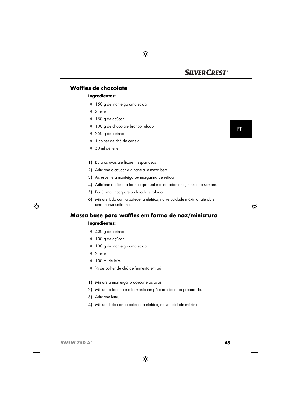 Waﬄ es de chocolate, Massa base para waﬄ es em forma de noz/miniatura | Silvercrest SWEW 750 A1 User Manual | Page 48 / 85