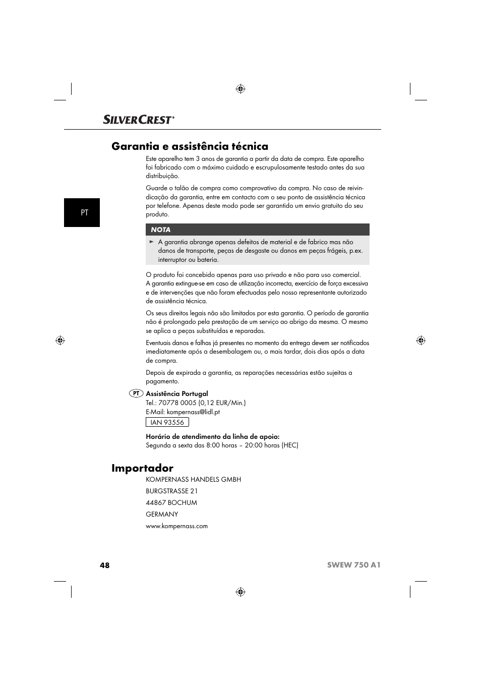 Garantia e assistência técnica, Importador | Silvercrest SWEW 750 A1 User Manual | Page 51 / 85