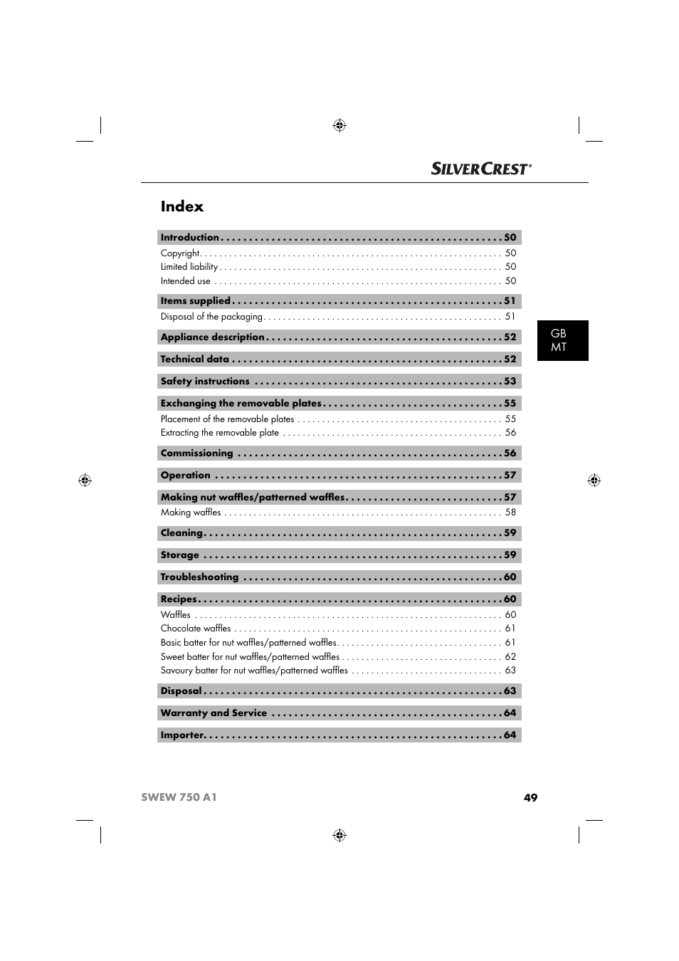 Index, Gb mt | Silvercrest SWEW 750 A1 User Manual | Page 52 / 85