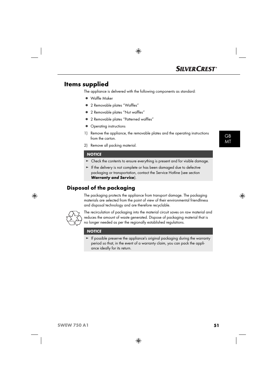 Items supplied, Disposal of the packaging, Gb mt | Silvercrest SWEW 750 A1 User Manual | Page 54 / 85