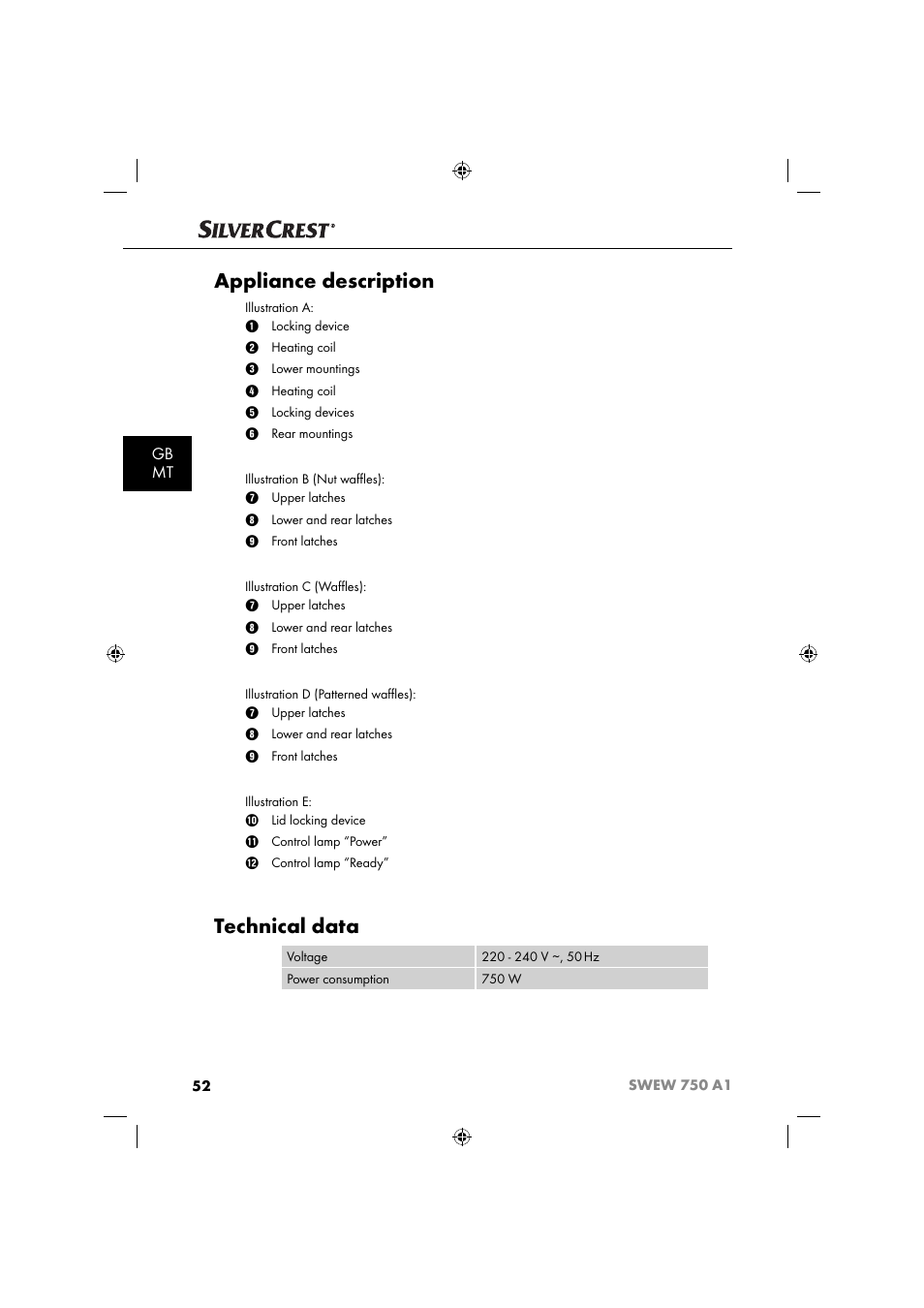 Appliance description, Technical data, Gb mt | Silvercrest SWEW 750 A1 User Manual | Page 55 / 85