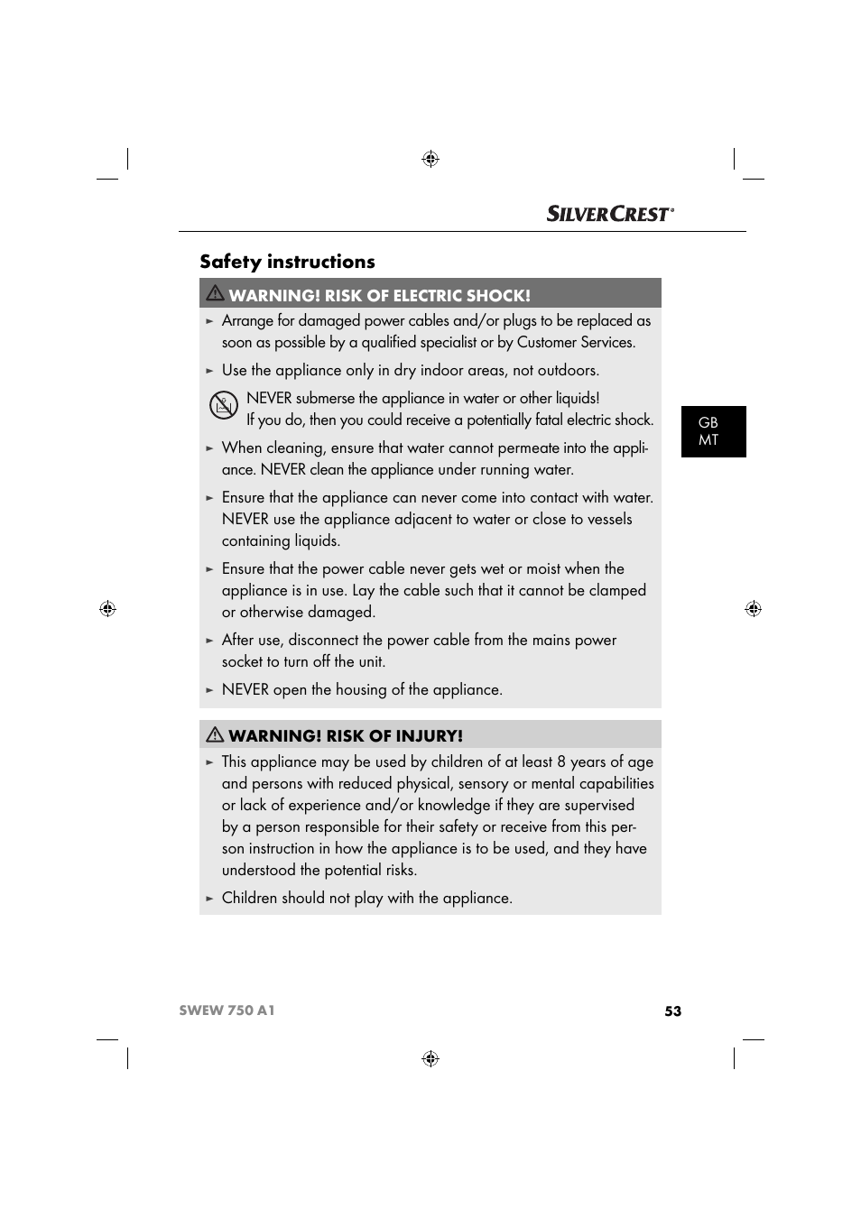 Safety instructions, Warning! risk of electric shock, Children should not play with the appliance | Silvercrest SWEW 750 A1 User Manual | Page 56 / 85
