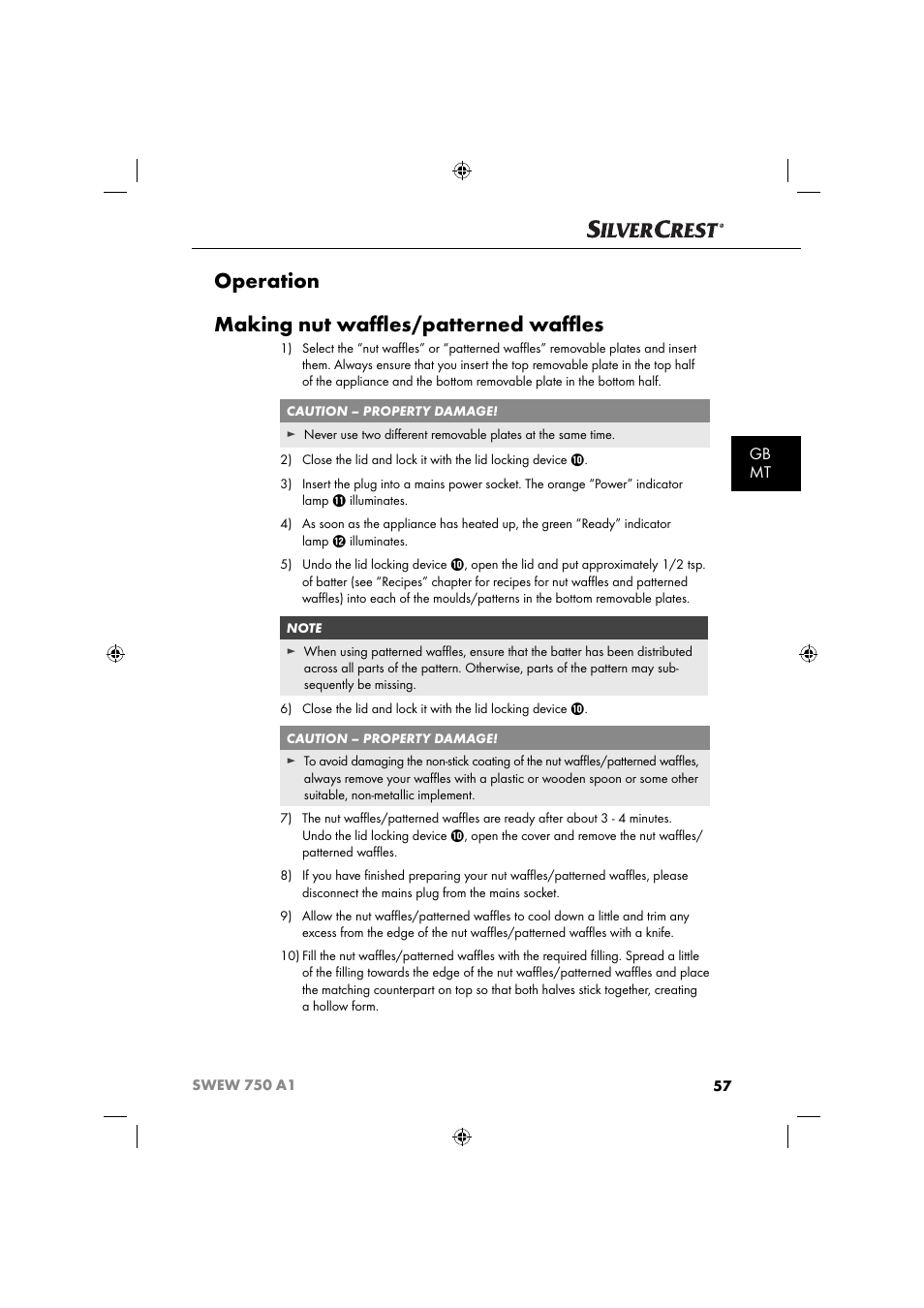 Operation making nut waﬄ es/patterned waﬄ es, Gb mt | Silvercrest SWEW 750 A1 User Manual | Page 60 / 85