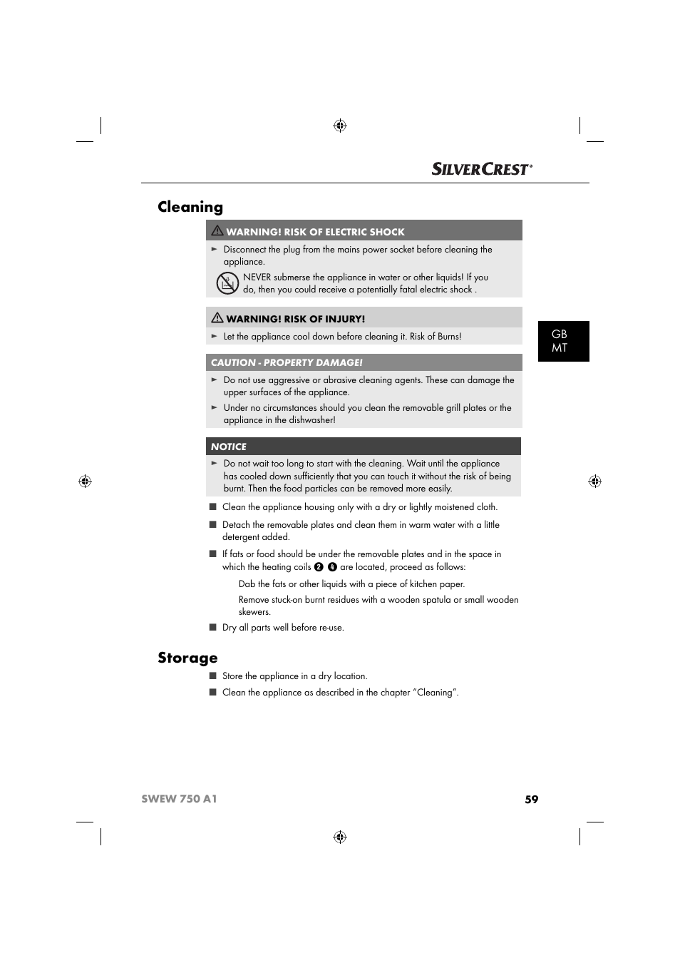 Cleaning, Storage, Gb mt | Silvercrest SWEW 750 A1 User Manual | Page 62 / 85