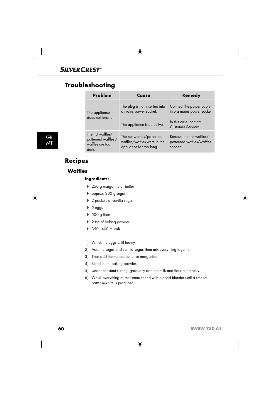 Troubleshooting, Recipes, Waﬄ es | Gb mt | Silvercrest SWEW 750 A1 User Manual | Page 63 / 85