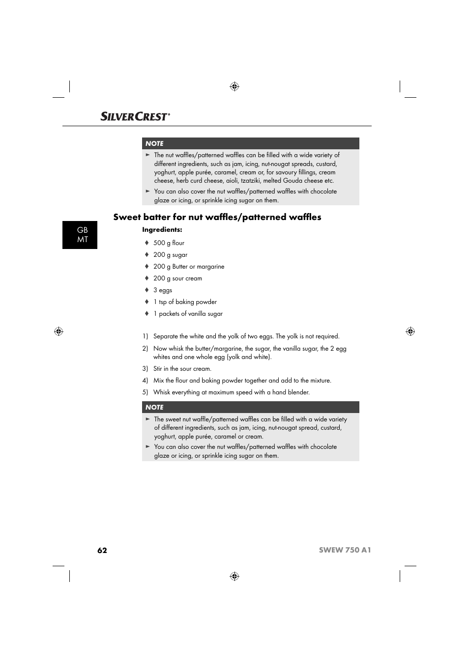 Sweet batter for nut waﬄ es/patterned waﬄ es, Gb mt | Silvercrest SWEW 750 A1 User Manual | Page 65 / 85