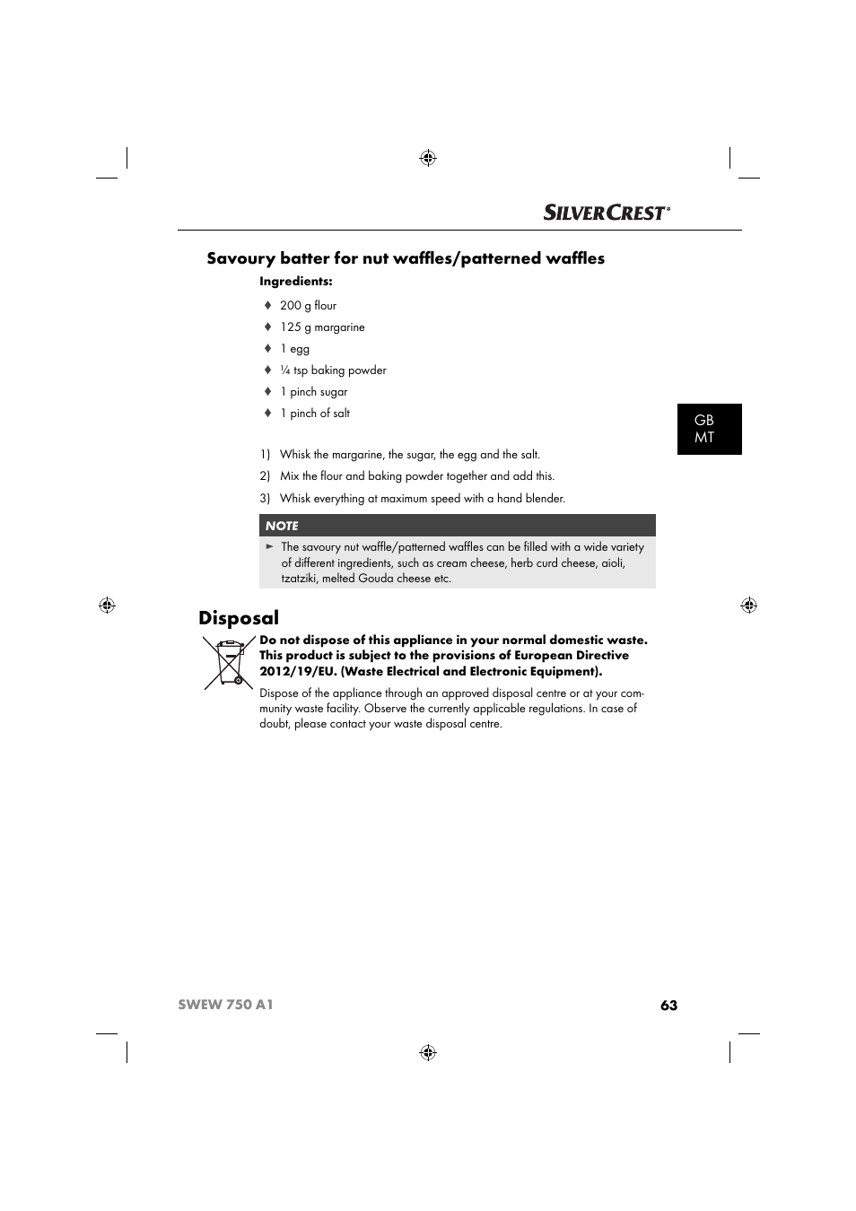 Disposal, Savoury batter for nut waﬄ es/patterned waﬄ es, Gb mt | Silvercrest SWEW 750 A1 User Manual | Page 66 / 85