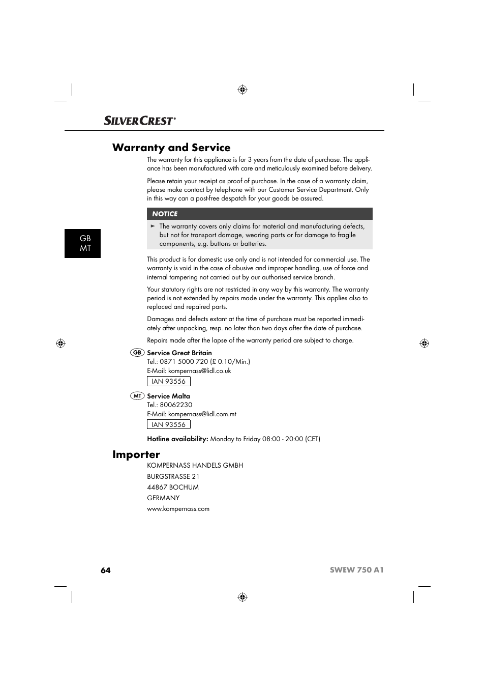 Warranty and service, Importer, Gb mt | Silvercrest SWEW 750 A1 User Manual | Page 67 / 85