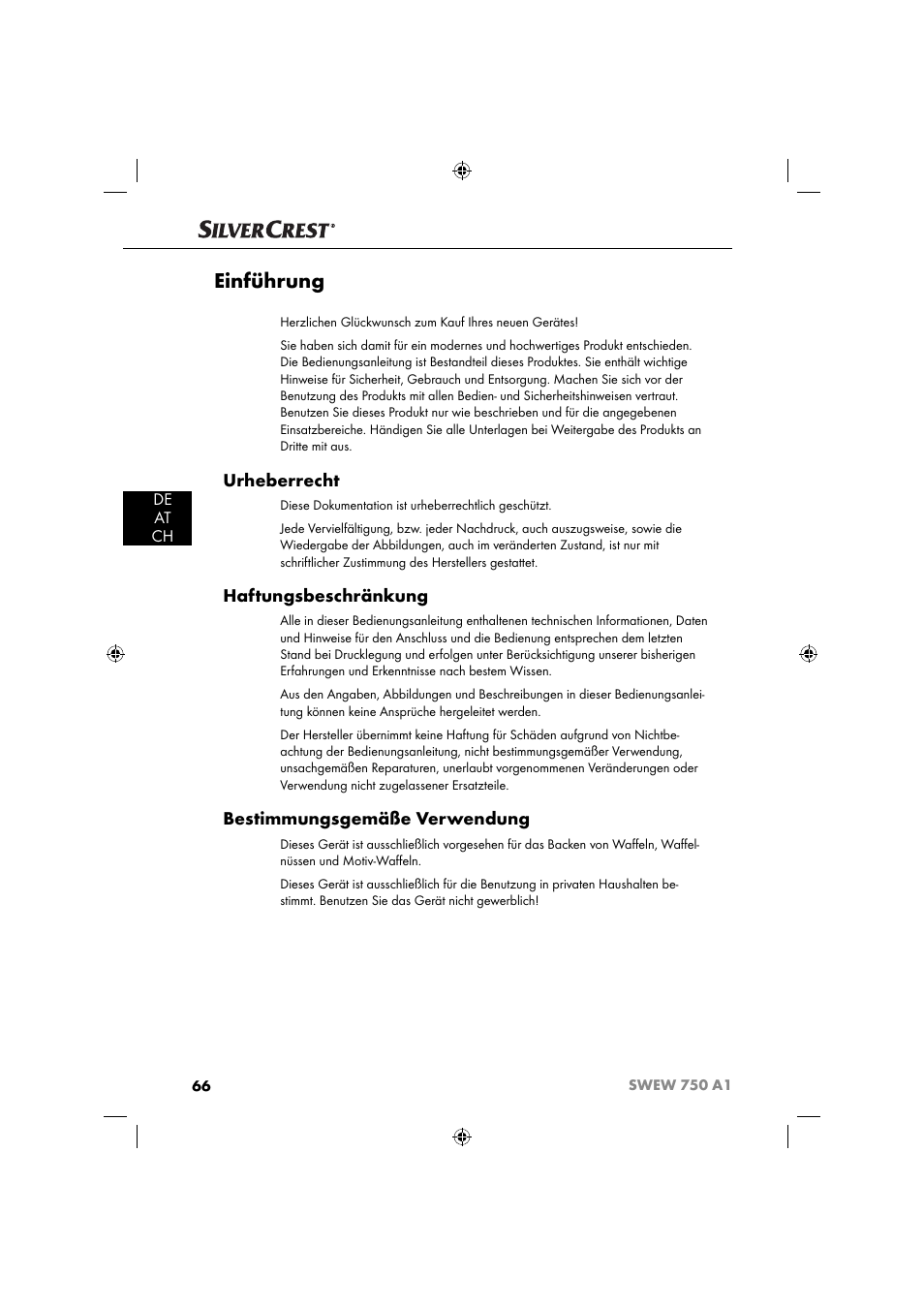 Einführung, Urheberrecht, Haftungsbeschränkung | Bestimmungsgemäße verwendung, De at ch | Silvercrest SWEW 750 A1 User Manual | Page 69 / 85