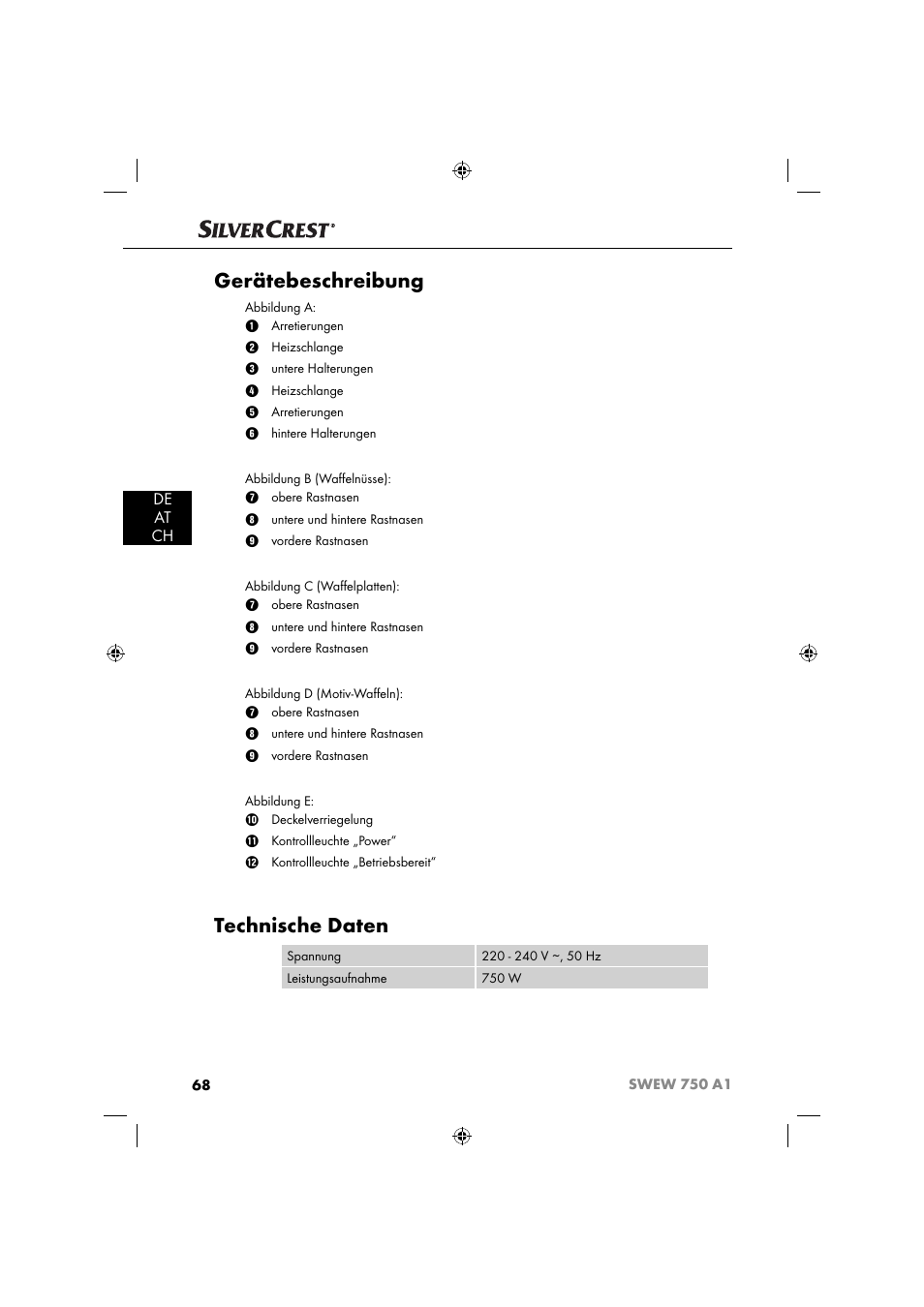 Gerätebeschreibung, Technische daten, De at ch | Silvercrest SWEW 750 A1 User Manual | Page 71 / 85