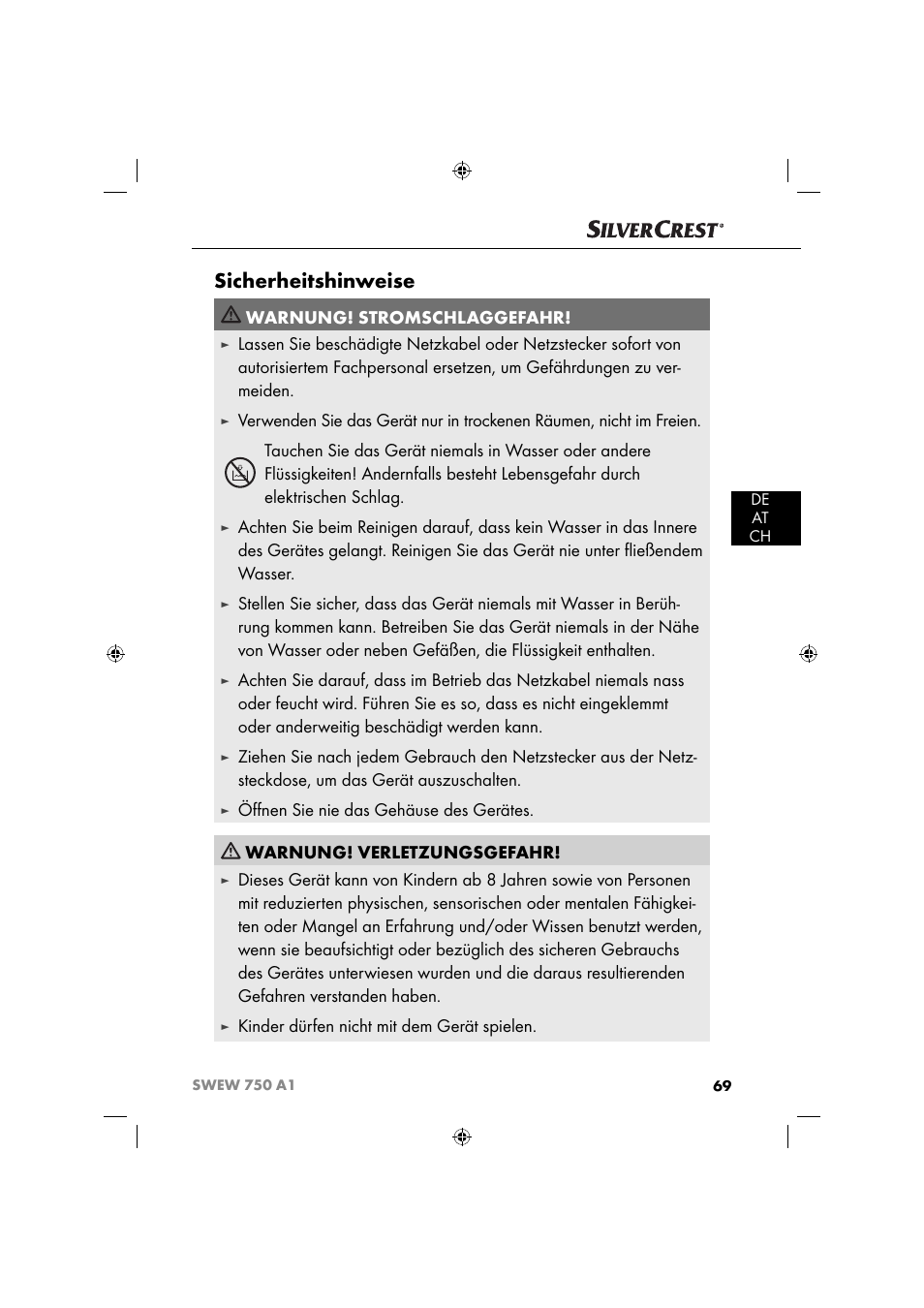 Sicherheitshinweise, Warnung! stromschlaggefahr, Kinder dürfen nicht mit dem gerät spielen | Silvercrest SWEW 750 A1 User Manual | Page 72 / 85