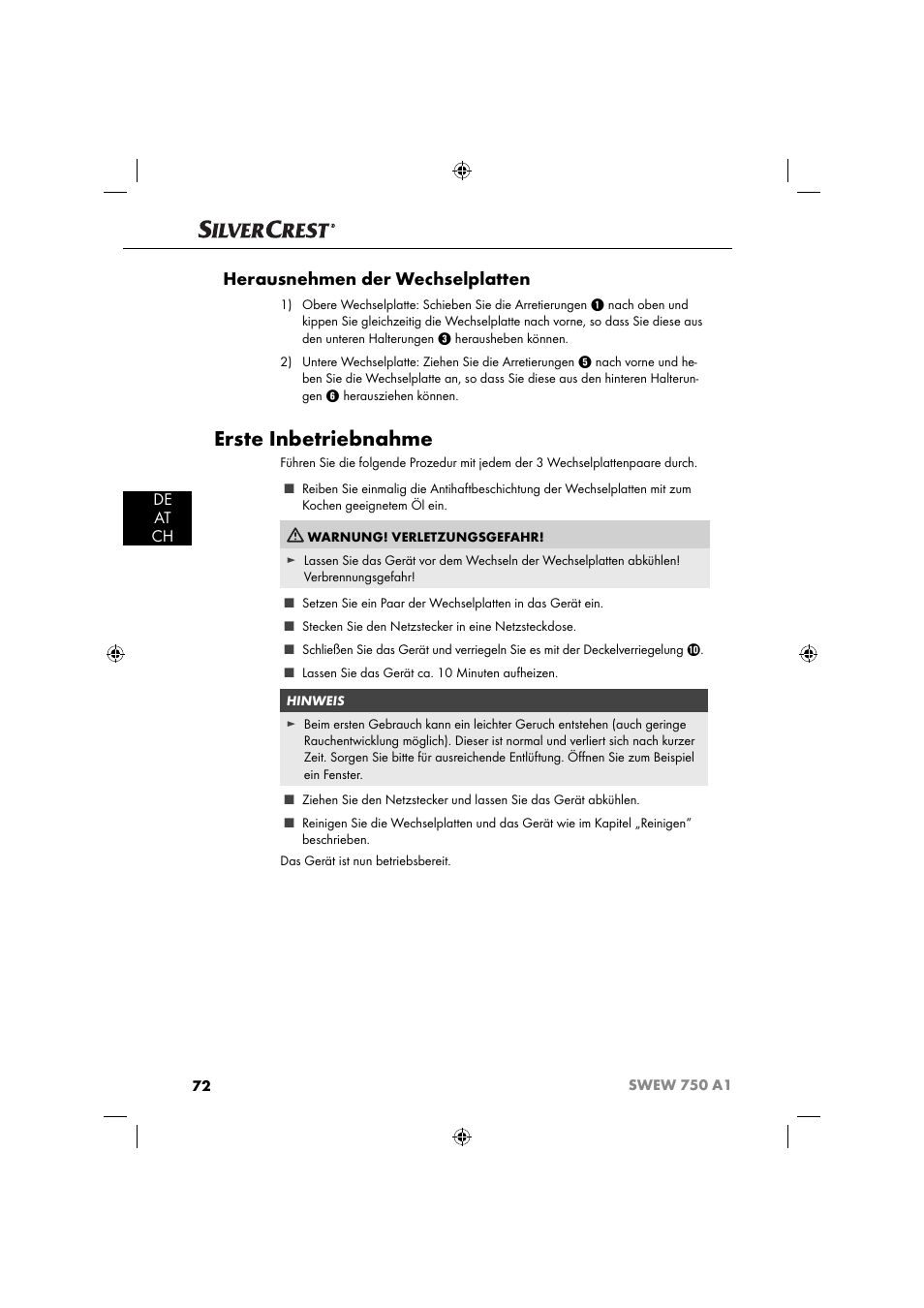 Erste inbetriebnahme, Herausnehmen der wechselplatten, De at ch | Silvercrest SWEW 750 A1 User Manual | Page 75 / 85