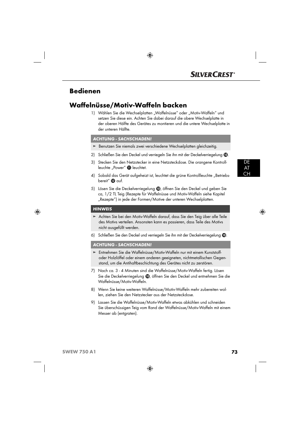 Bedienen waﬀ elnüsse/motiv-waﬀ eln backen, De at ch | Silvercrest SWEW 750 A1 User Manual | Page 76 / 85