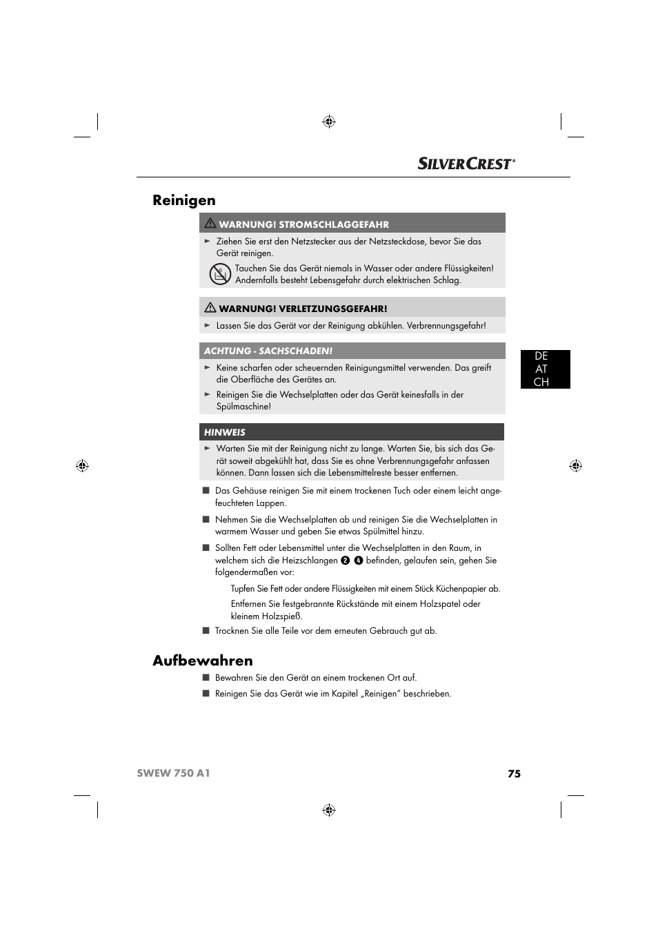 Reinigen, Aufbewahren, De at ch | Silvercrest SWEW 750 A1 User Manual | Page 78 / 85