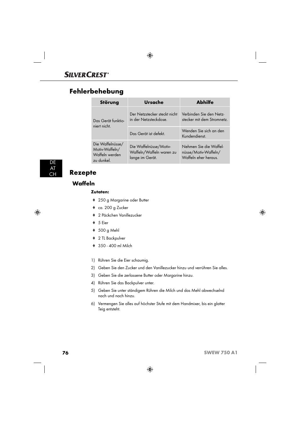 Fehlerbehebung, Rezepte, Waﬀ eln | De at ch | Silvercrest SWEW 750 A1 User Manual | Page 79 / 85