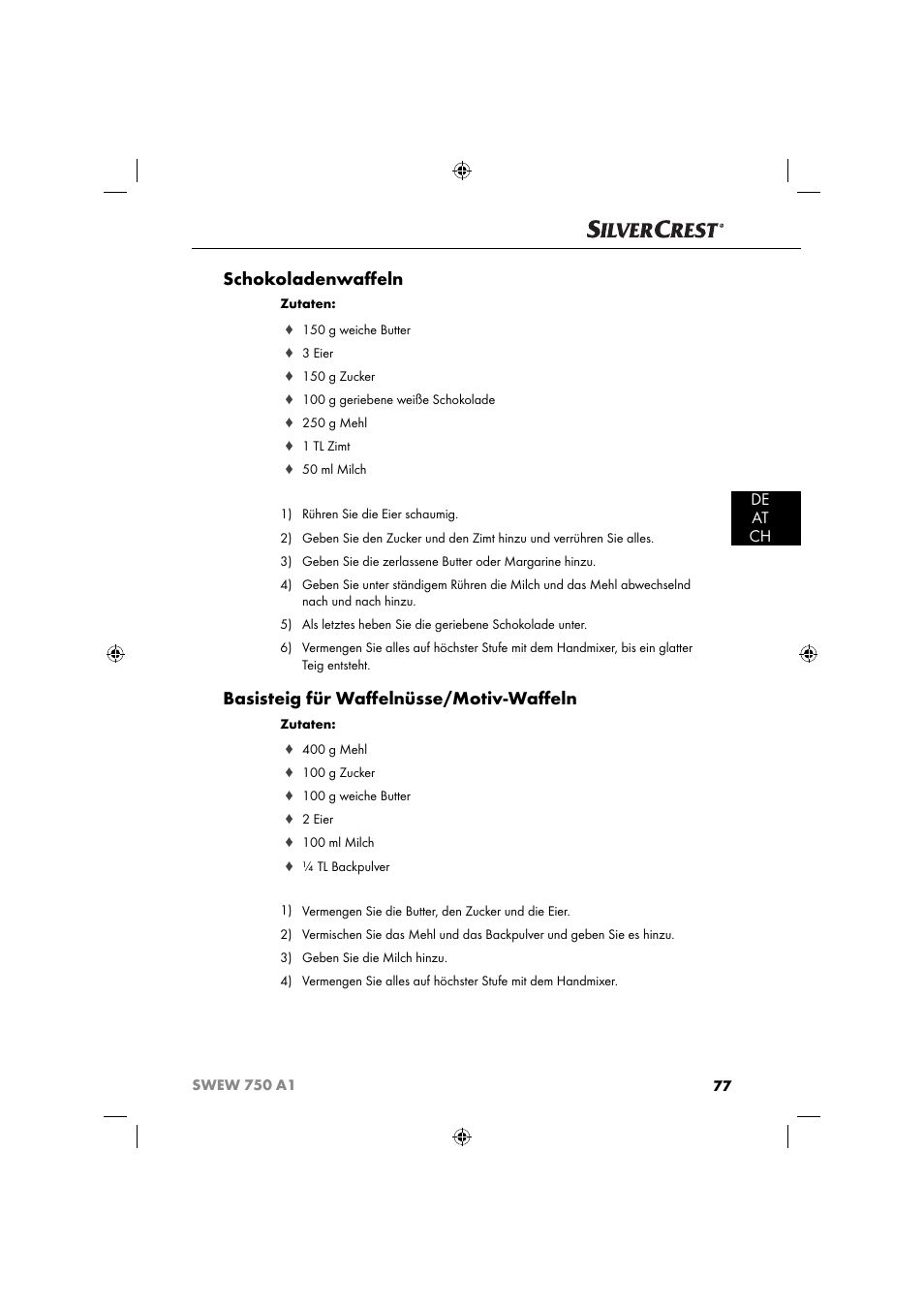Schokoladenwaﬀ eln, Basisteig für waﬀ elnüsse/motiv-waﬀ eln, De at ch | Silvercrest SWEW 750 A1 User Manual | Page 80 / 85