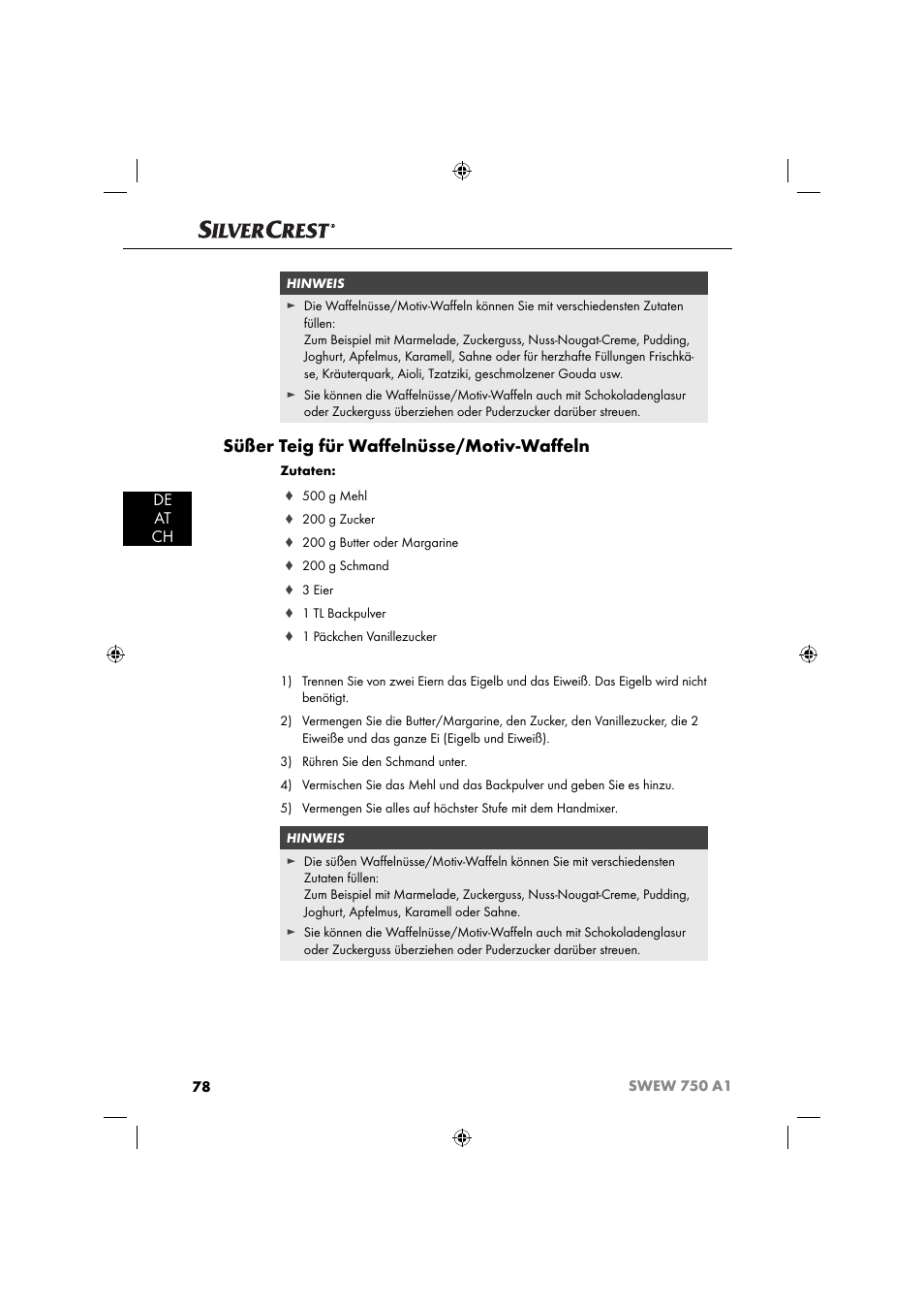 Süßer teig für waﬀ elnüsse/motiv-waﬀ eln, De at ch | Silvercrest SWEW 750 A1 User Manual | Page 81 / 85