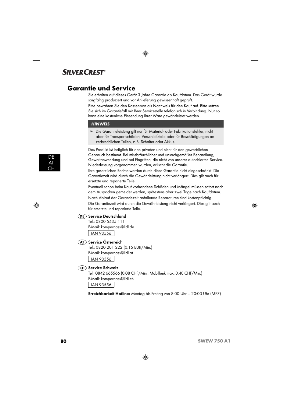 Garantie und service, De at ch | Silvercrest SWEW 750 A1 User Manual | Page 83 / 85