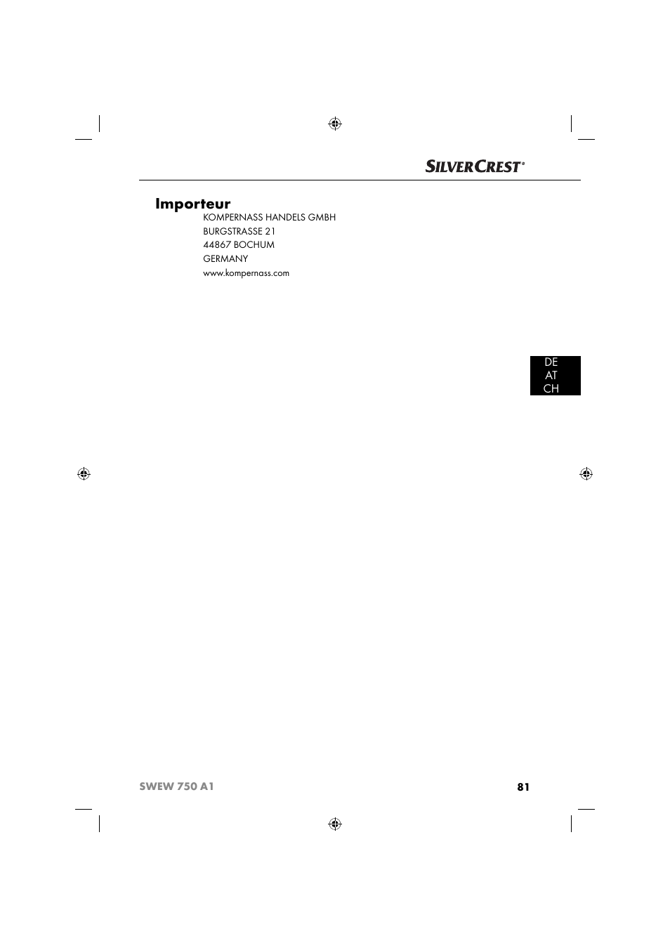 Importeur, De at ch | Silvercrest SWEW 750 A1 User Manual | Page 84 / 85