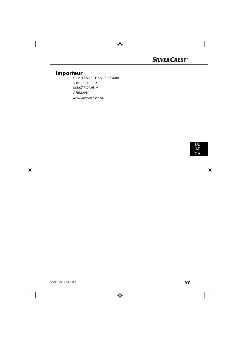 Importeur, De at ch | Silvercrest SWEW 750 A1 User Manual | Page 100 / 101