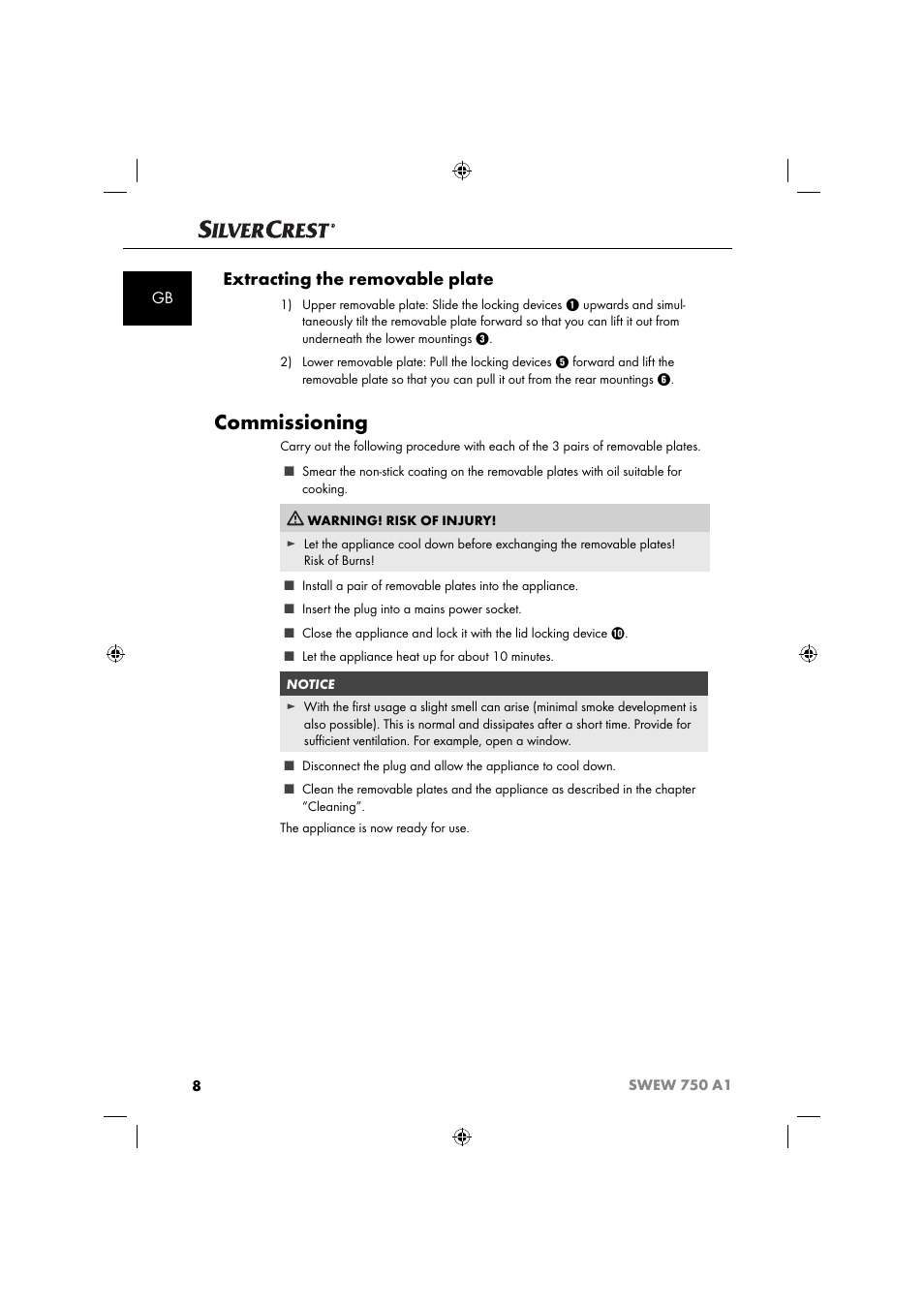 Commissioning, Extracting the removable plate | Silvercrest SWEW 750 A1 User Manual | Page 11 / 101