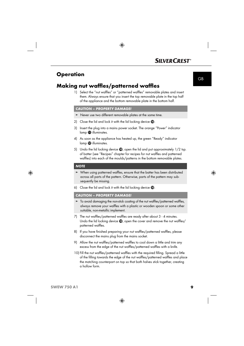 Operation making nut waﬄ es/patterned waﬄ es | Silvercrest SWEW 750 A1 User Manual | Page 12 / 101