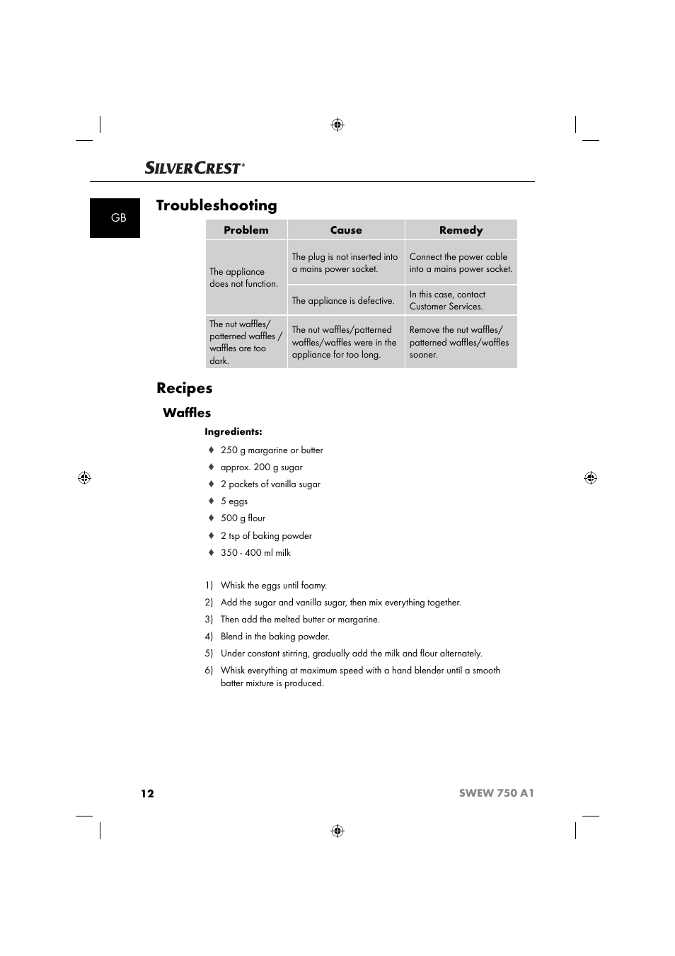 Troubleshooting, Recipes, Waﬄ es | Silvercrest SWEW 750 A1 User Manual | Page 15 / 101