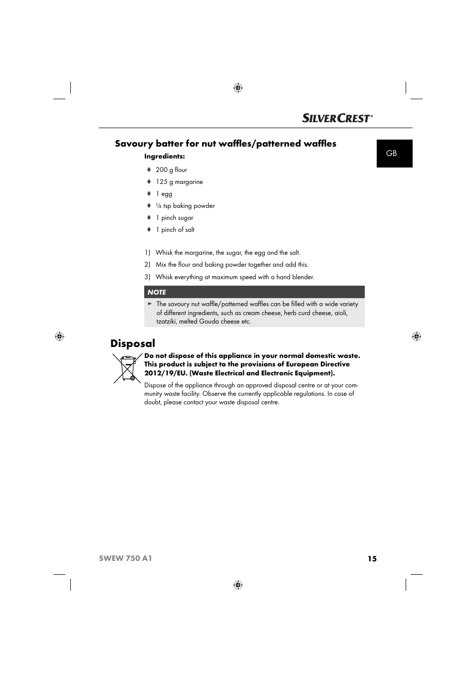 Disposal, Savoury batter for nut waﬄ es/patterned waﬄ es | Silvercrest SWEW 750 A1 User Manual | Page 18 / 101