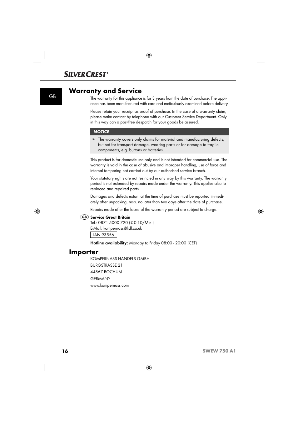 Warranty and service, Importer | Silvercrest SWEW 750 A1 User Manual | Page 19 / 101