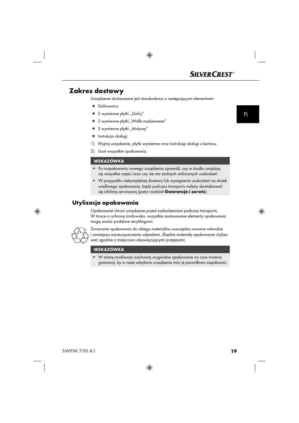 Zakres dostawy, Utylizacja opakowania | Silvercrest SWEW 750 A1 User Manual | Page 22 / 101