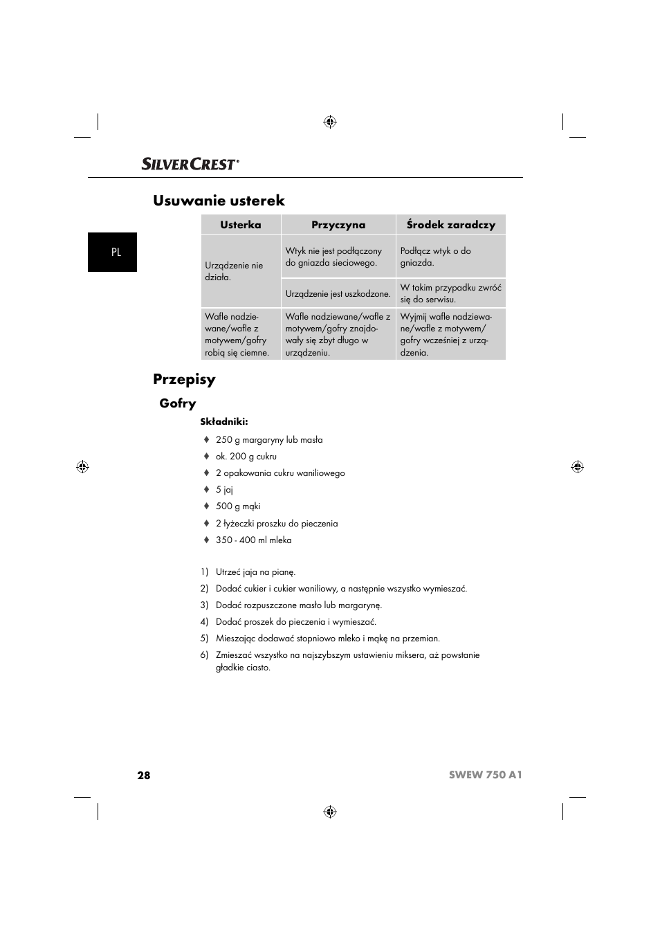 Usuwanie usterek, Przepisy, Gofry | Silvercrest SWEW 750 A1 User Manual | Page 31 / 101