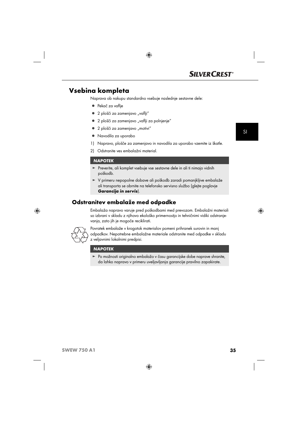 Vsebina kompleta, Odstranitev embalaže med odpadke | Silvercrest SWEW 750 A1 User Manual | Page 38 / 101