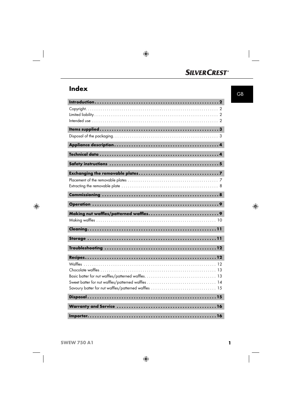Index | Silvercrest SWEW 750 A1 User Manual | Page 4 / 101