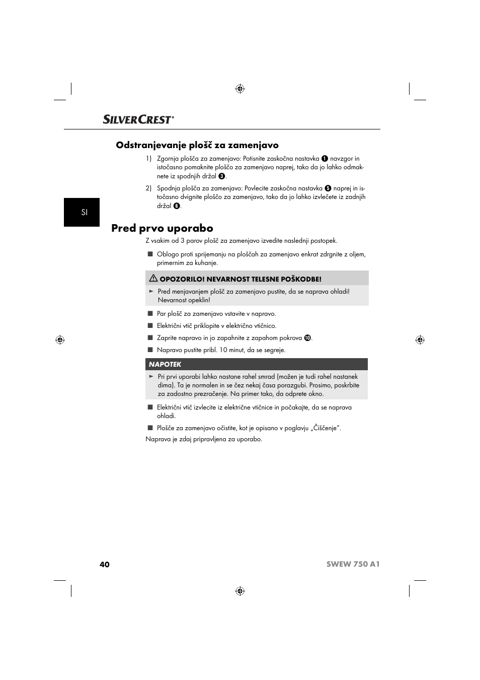 Pred prvo uporabo, Odstranjevanje plošč za zamenjavo | Silvercrest SWEW 750 A1 User Manual | Page 43 / 101