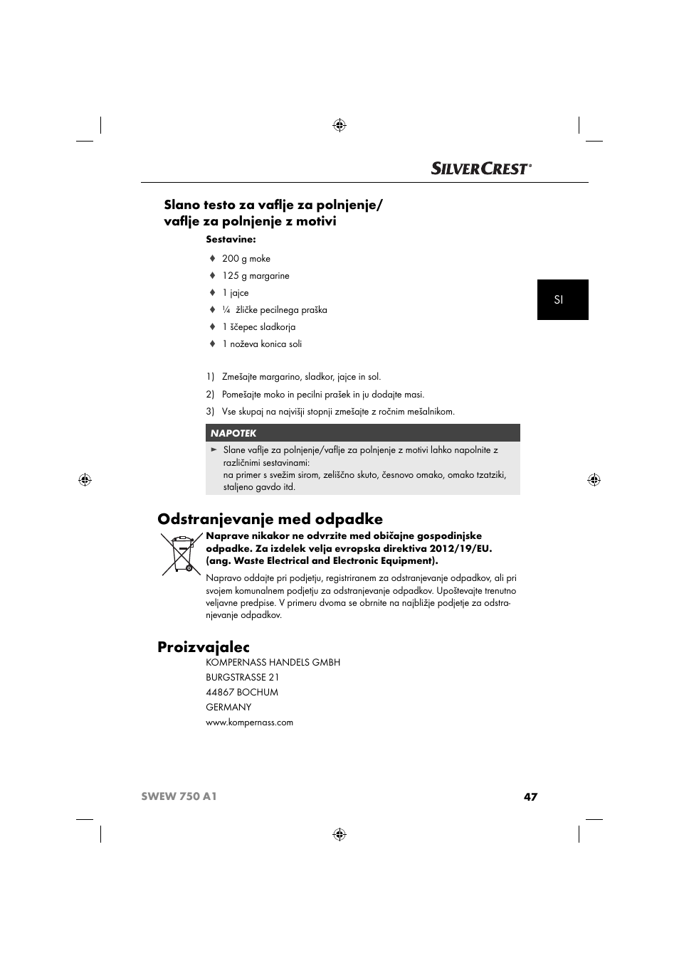 Odstranjevanje med odpadke, Proizvajalec | Silvercrest SWEW 750 A1 User Manual | Page 50 / 101