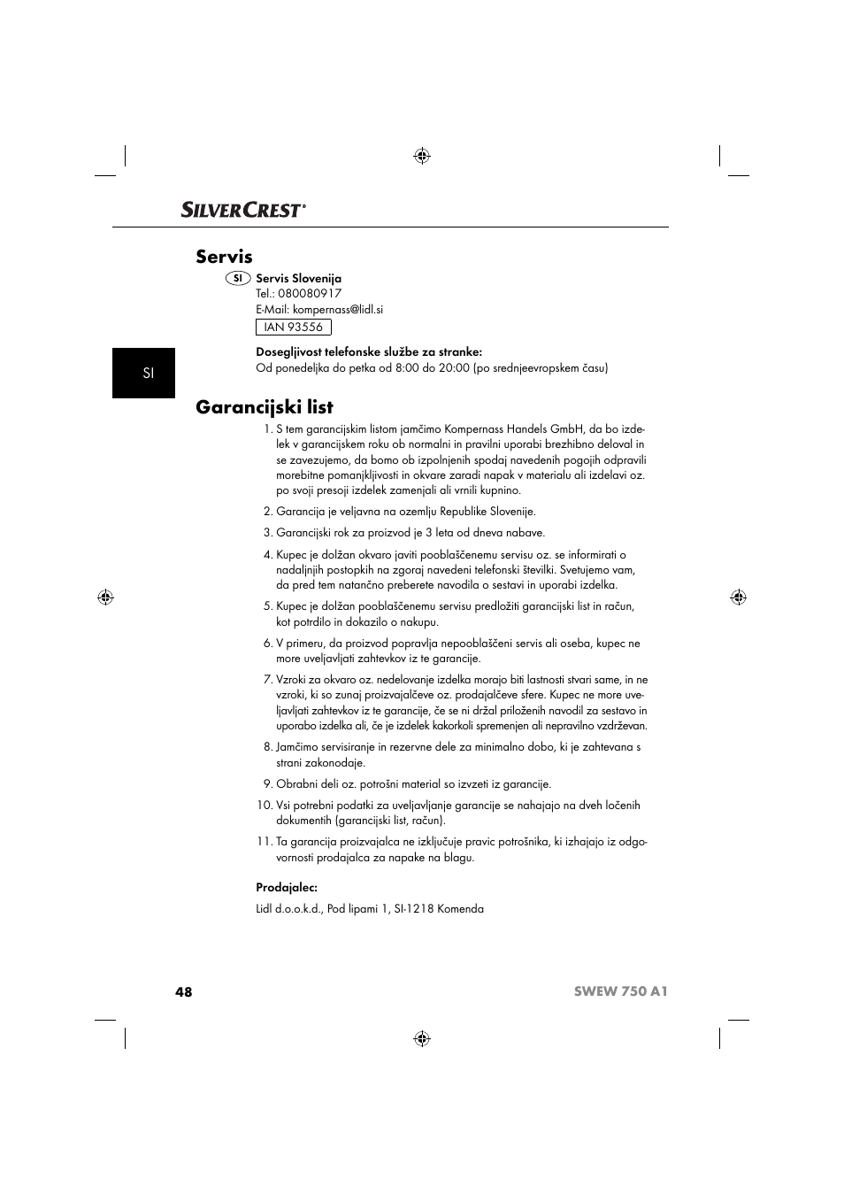 Servis, Garancijski list | Silvercrest SWEW 750 A1 User Manual | Page 51 / 101