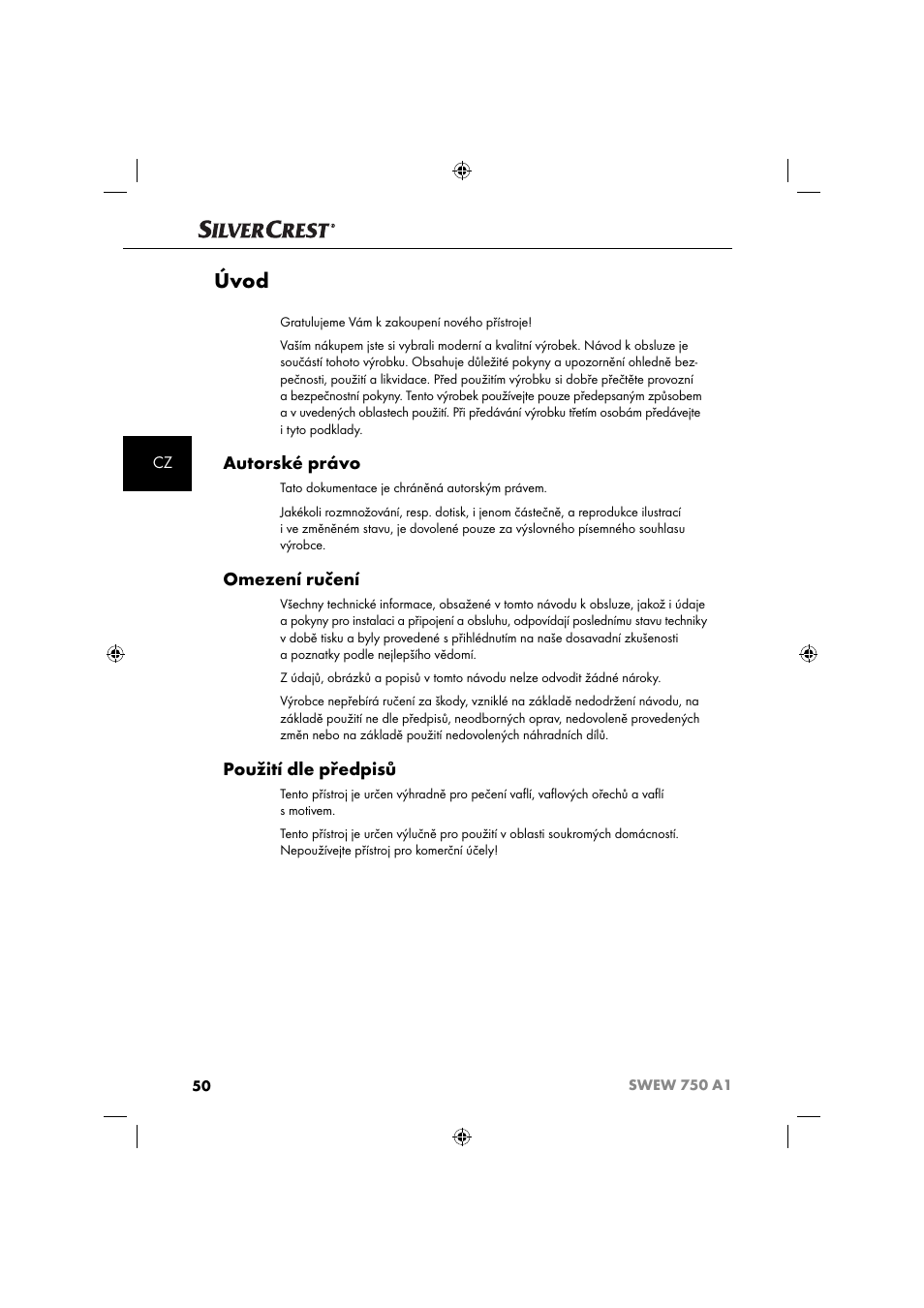 Úvod, Autorské právo, Omezení ručení | Použití dle předpisů | Silvercrest SWEW 750 A1 User Manual | Page 53 / 101