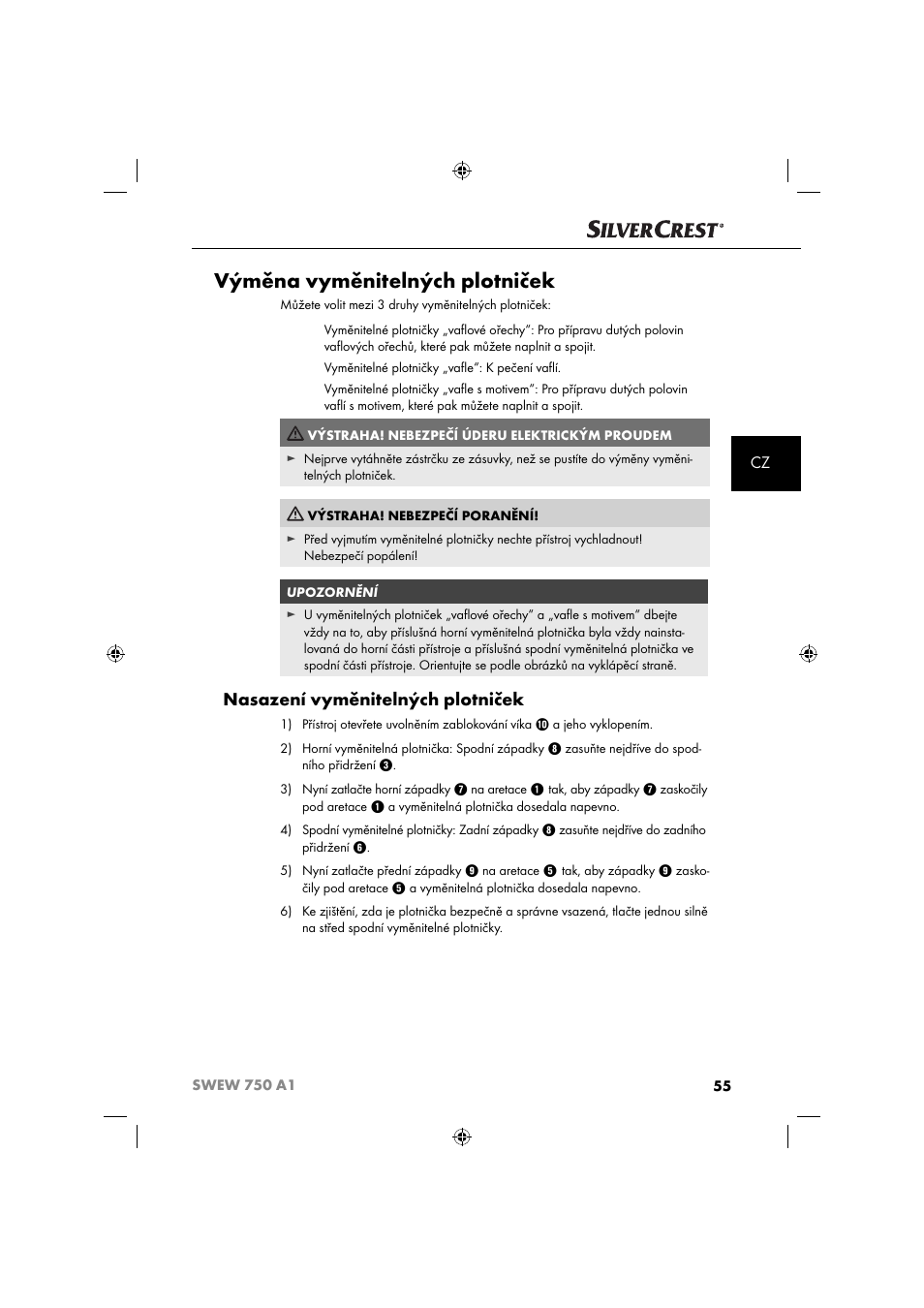 Výměna vyměnitelných plotniček, Nasazení vyměnitelných plotniček | Silvercrest SWEW 750 A1 User Manual | Page 58 / 101