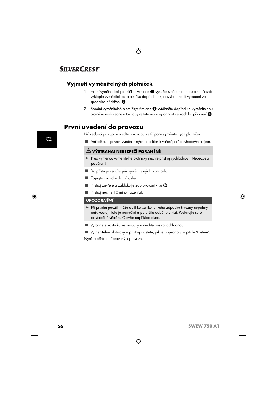 První uvedení do provozu, Vyjmutí vyměnitelných plotniček | Silvercrest SWEW 750 A1 User Manual | Page 59 / 101