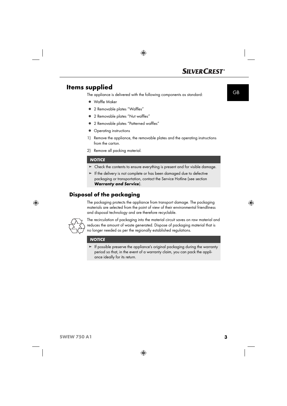 Items supplied, Disposal of the packaging | Silvercrest SWEW 750 A1 User Manual | Page 6 / 101