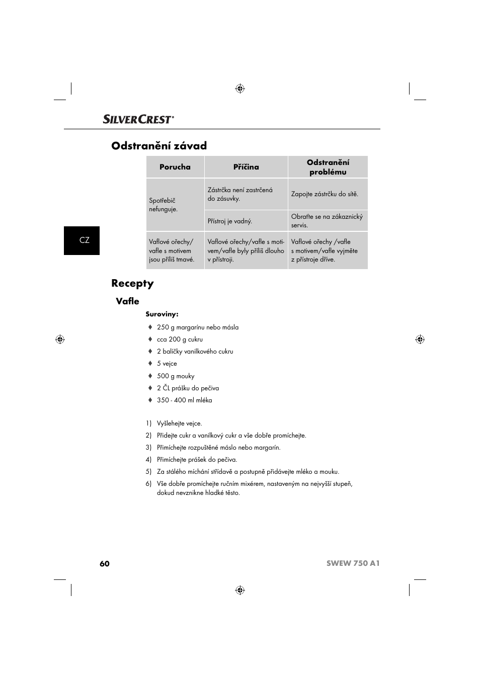 Odstranění závad, Recepty, Vaﬂ e | Silvercrest SWEW 750 A1 User Manual | Page 63 / 101